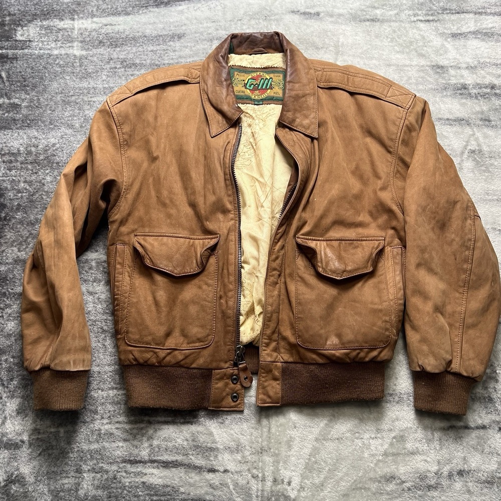Vintage G-III Mens Brown Leather Atlas Lined Bomber Jacket Size S Distressed